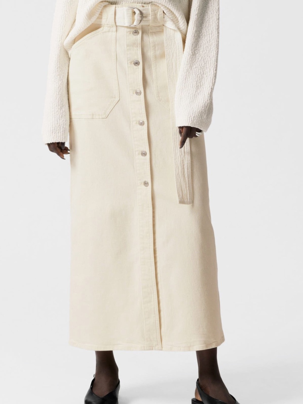 & Other Stories Cream Buttoned Denim Midi Skirt with Belt - Size 10